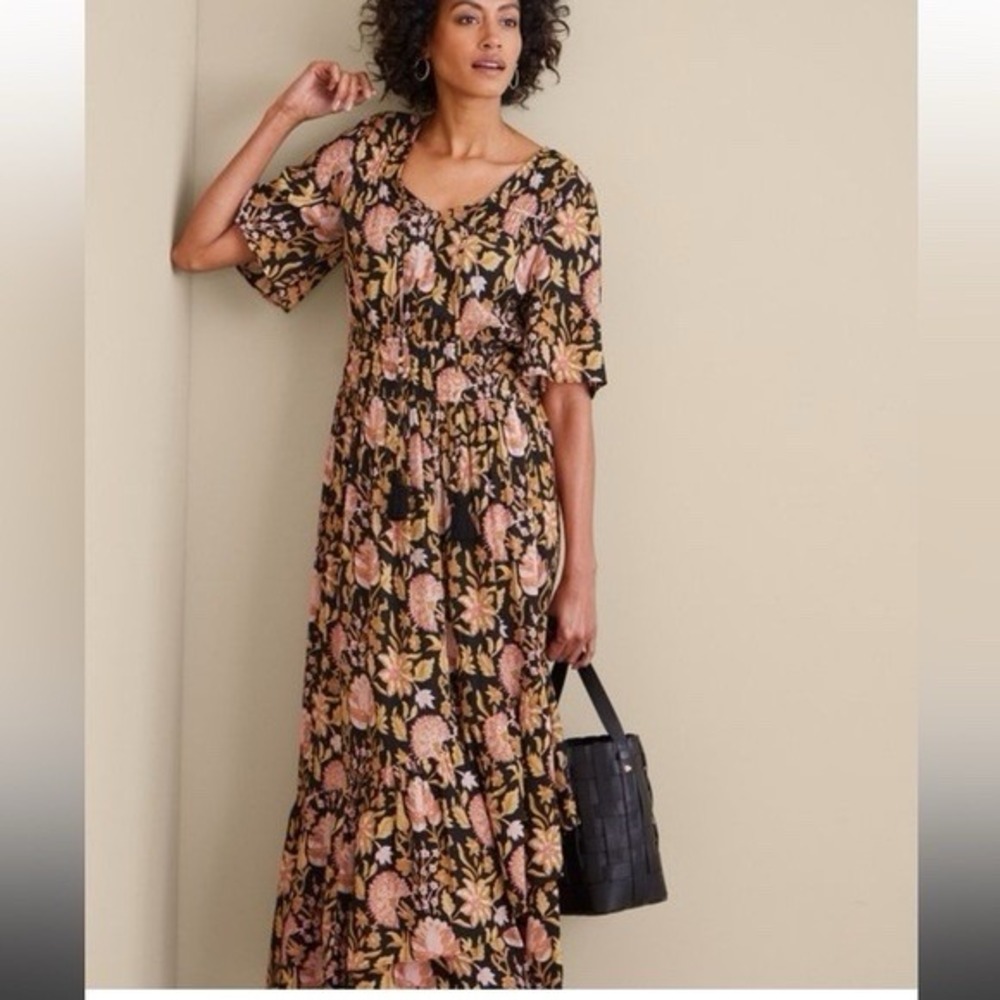 Soft Surroundings Dark Floral Maxi Dress Sz 12 Petite Peasant Boho Wedding Guest